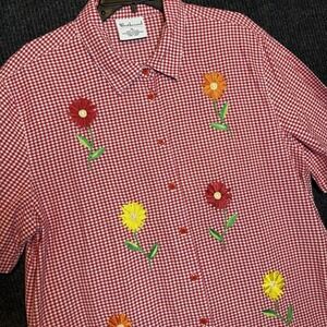 Westbound Red White Gingham Check Embroidered Button Up Shirt Women's XL Daisy